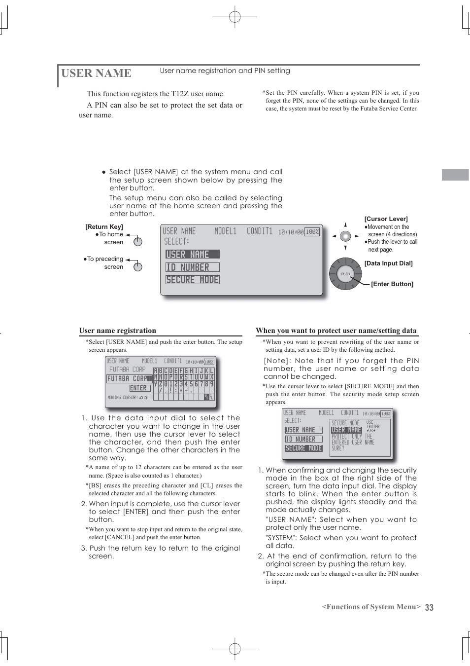 User name, Functions of system menu, User name registration | When you want to protect user name/setting data, Ｊ０ ﻚ ８ｒ：ｊ, Ｂｌ ﻚ ８＊：ｐｊ０ ．ｊｎ＊０ｊ ﻚ ：６ｌｊ | Futaba 12Z User Manual | Page 33 / 127