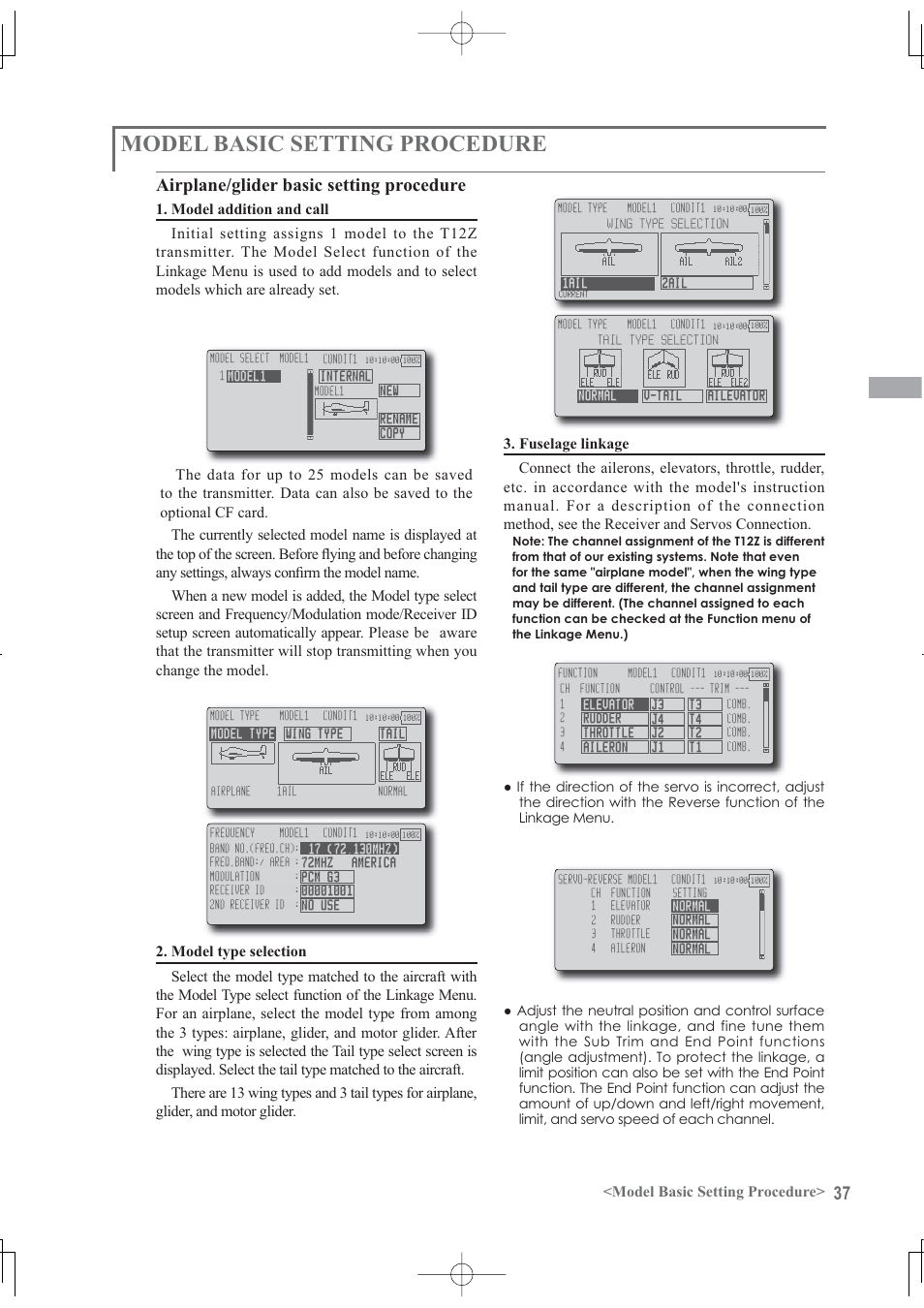 Airplane/glider basic setting procedure, Model basic setting procedure | Futaba 12Z User Manual | Page 37 / 127