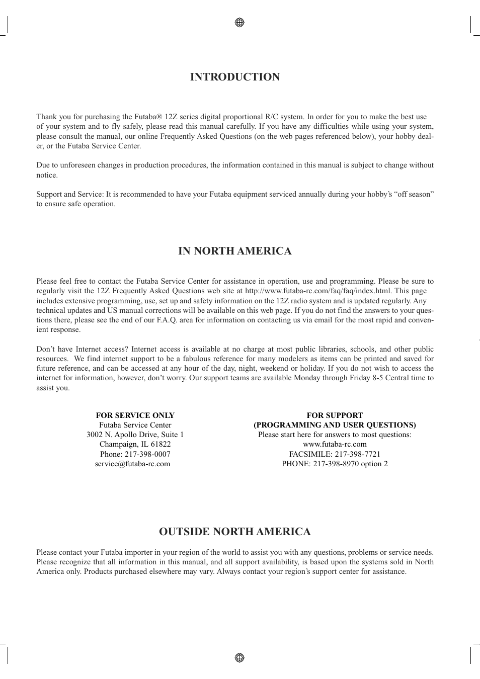 Introduction, Outside north america | Futaba 12Z User Manual | Page 4 / 127