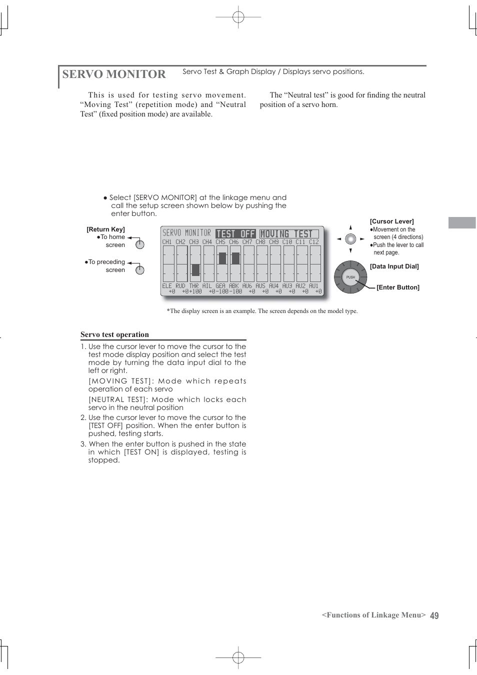 Servo monitor, Functions of linkage menu, Servo test operation | Futaba 12Z User Manual | Page 49 / 127