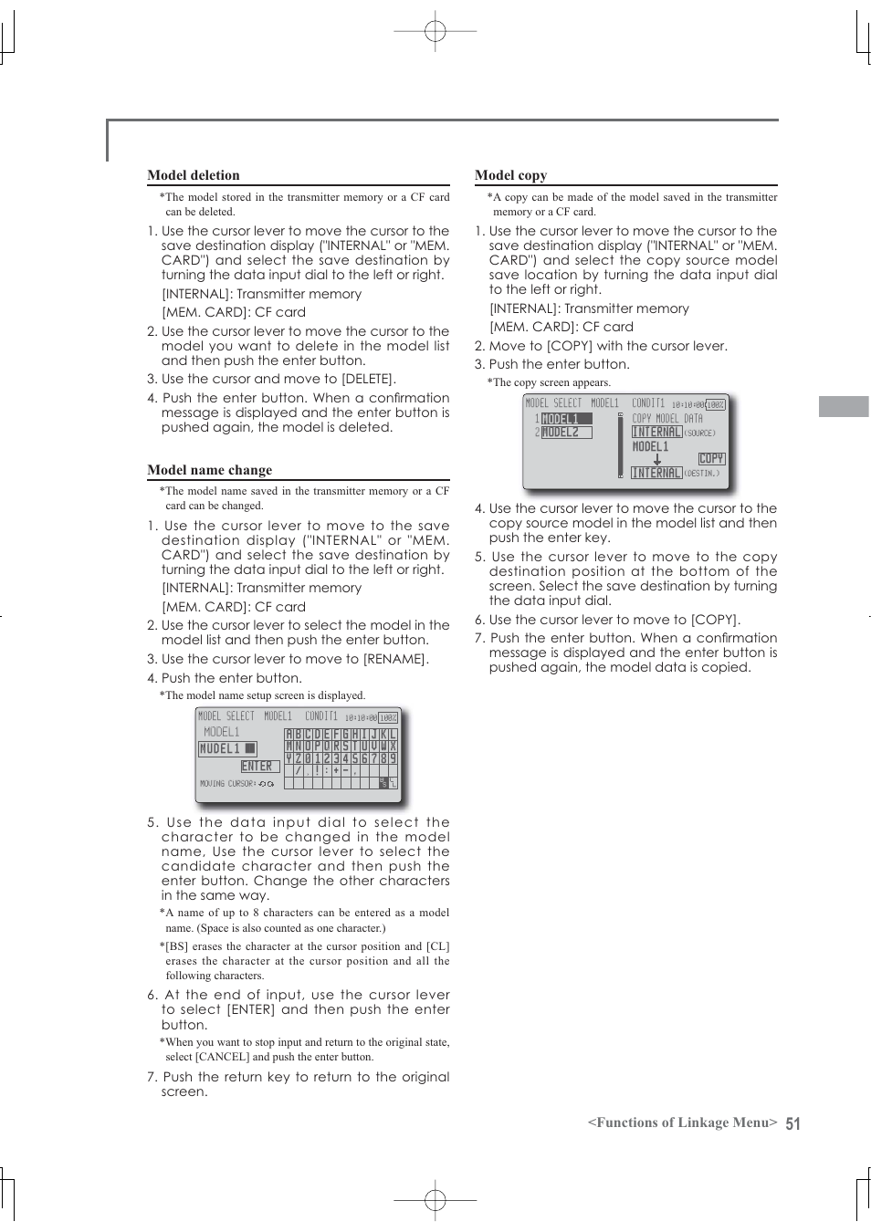 Functions of linkage menu> model deletion, Model name change, Model copy | Futaba 12Z User Manual | Page 51 / 127