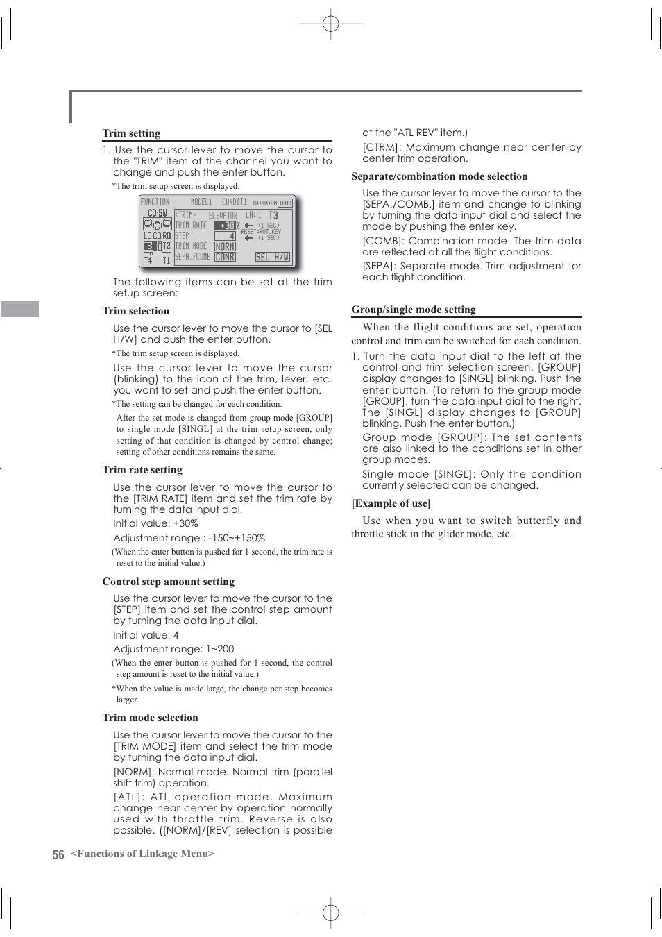 Functions of linkage menu> trim setting, Trim selection, Trim rate setting | Control step amount setting, Trim mode selection, Separate/combination mode selection | Futaba 12Z User Manual | Page 56 / 127