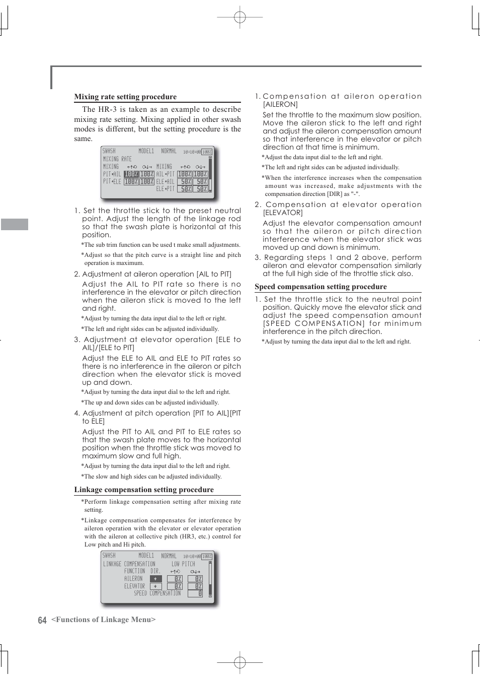 Linkage compensation setting procedure, Speed compensation setting procedure | Futaba 12Z User Manual | Page 64 / 127