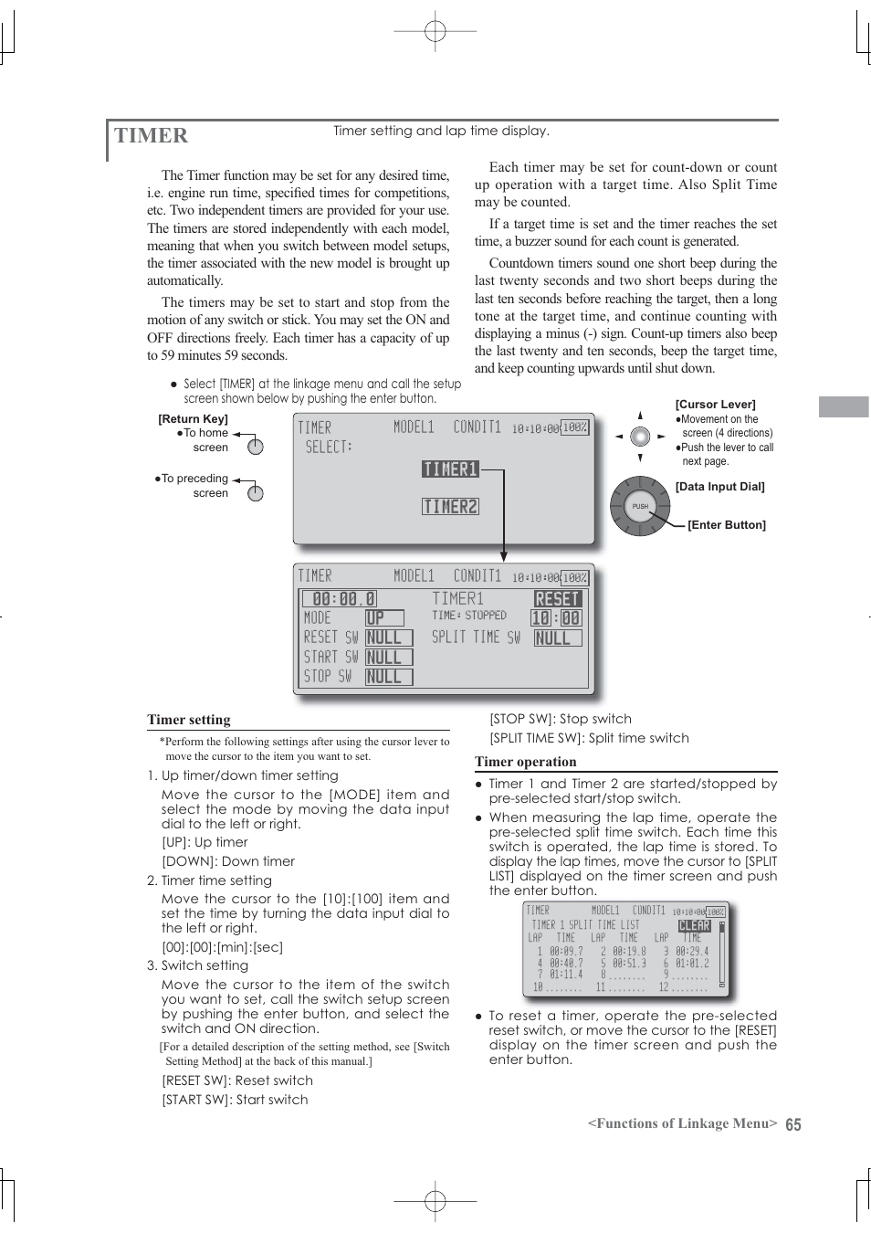 Timer, Functions of linkage menu, Timer operation | Futaba 12Z User Manual | Page 65 / 127