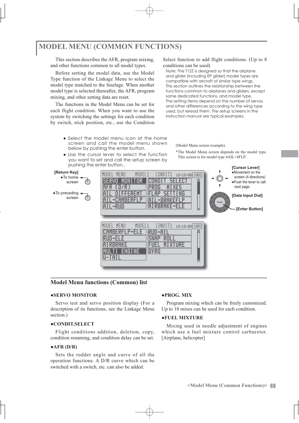 Model menu (common functions), Model menu functions (common) list | Futaba 12Z User Manual | Page 69 / 127