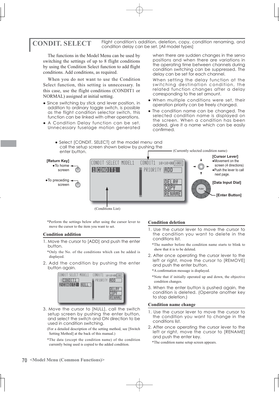 Model menu (common functions), Condition deletion, Condition name change | Condition addition | Futaba 12Z User Manual | Page 70 / 127