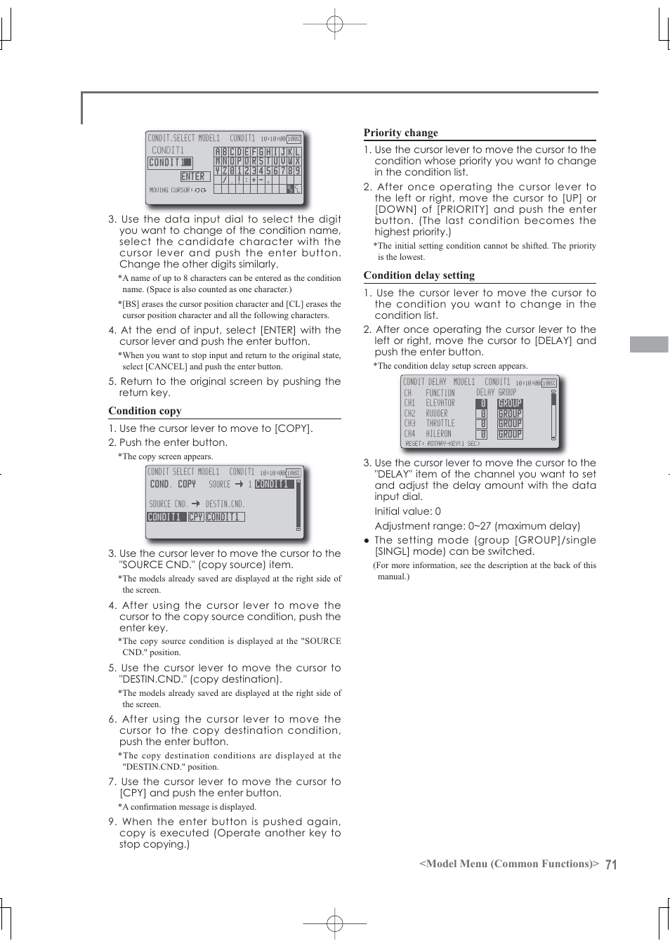 Model menu (common functions), Condition copy, 3ulrulw\fkdqjh | Condition delay setting | Futaba 12Z User Manual | Page 71 / 127