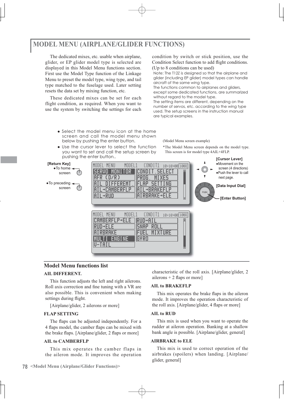 Model menu (airplane/glider functions), Model menu functions list | Futaba 12Z User Manual | Page 78 / 127