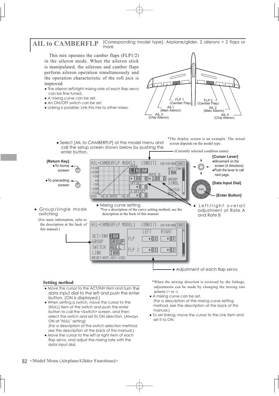 Ail to camberflp, Model menu (airplane/glider functions), Setting method | Futaba 12Z User Manual | Page 82 / 127