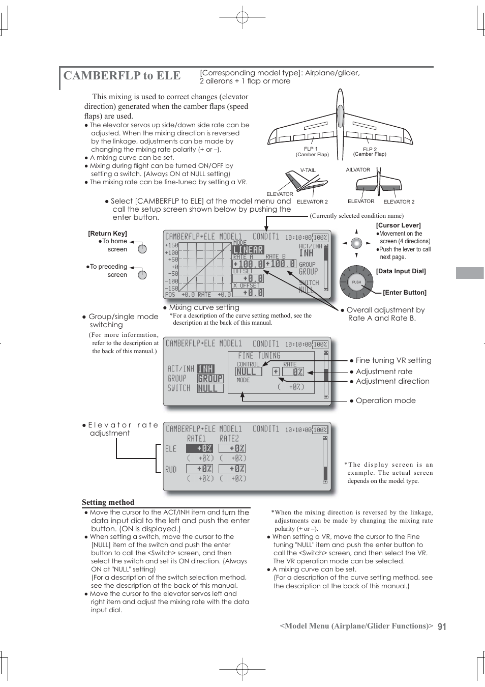 Camberflp to ele, Model menu (airplane/glider functions), Setting method | Futaba 12Z User Manual | Page 91 / 127