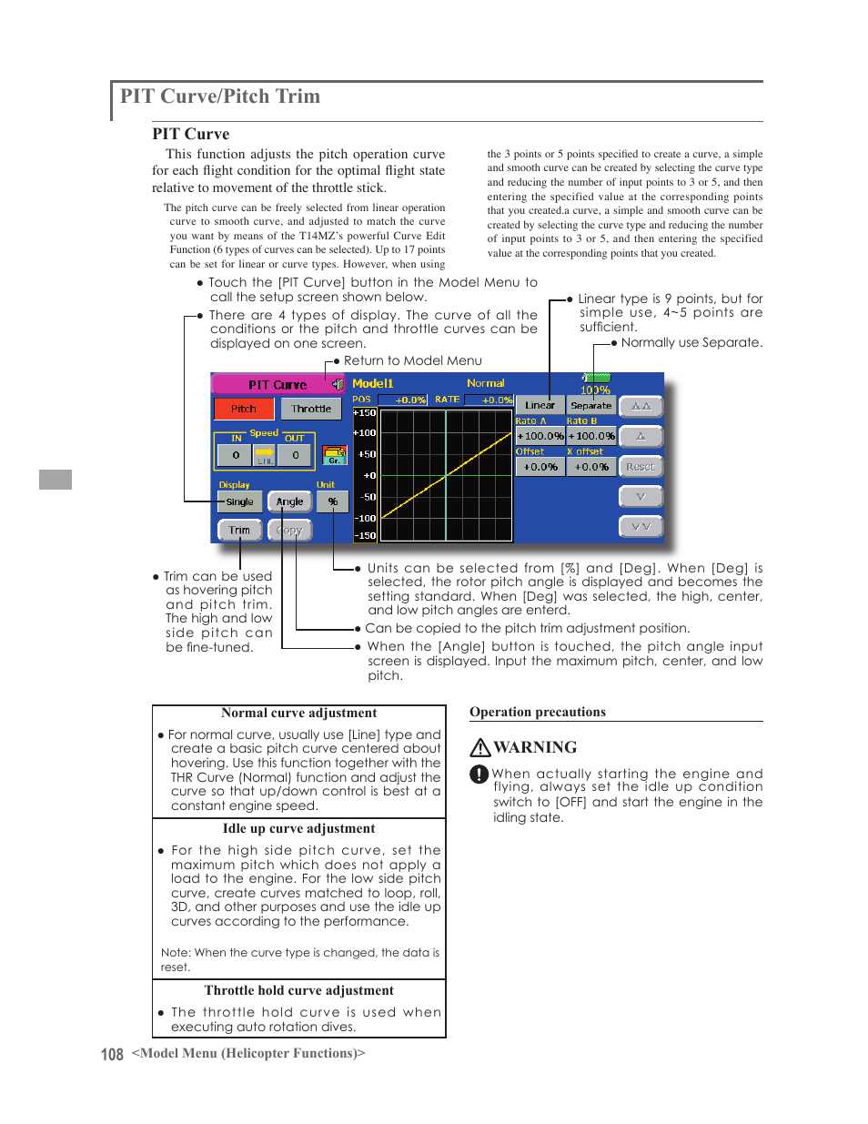 Pit curve/pitch trim, Pit curve, Warning | Futaba 14MZ User Manual | Page 108 / 127