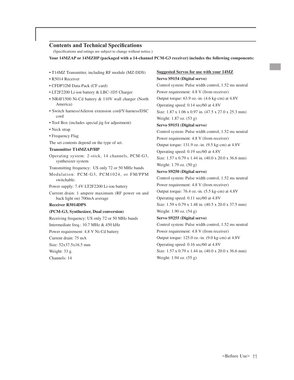 Contents and technical specifi cations | Futaba 14MZ User Manual | Page 11 / 127