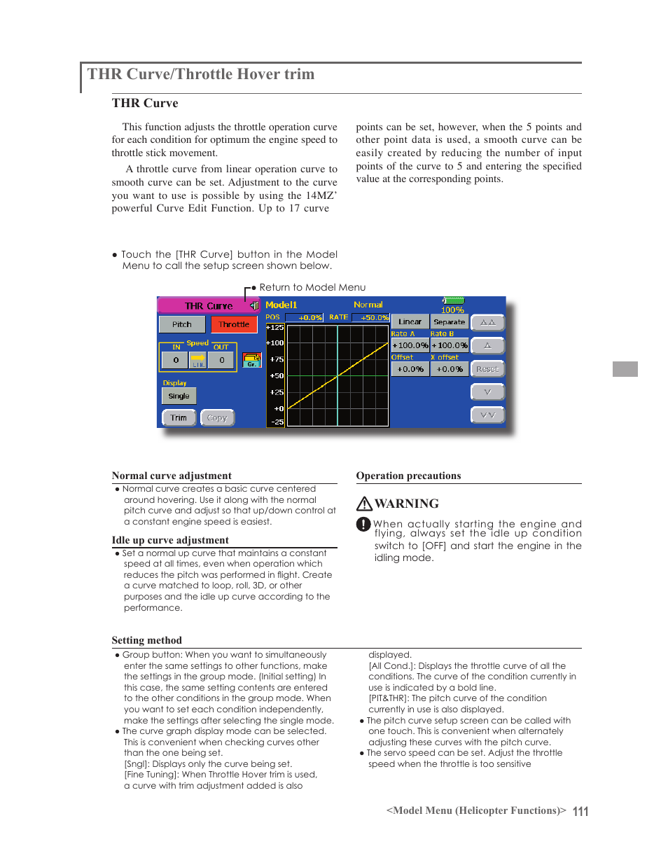 Thr curve/throttle hover trim, Thr curve, Warning | Futaba 14MZ User Manual | Page 111 / 127