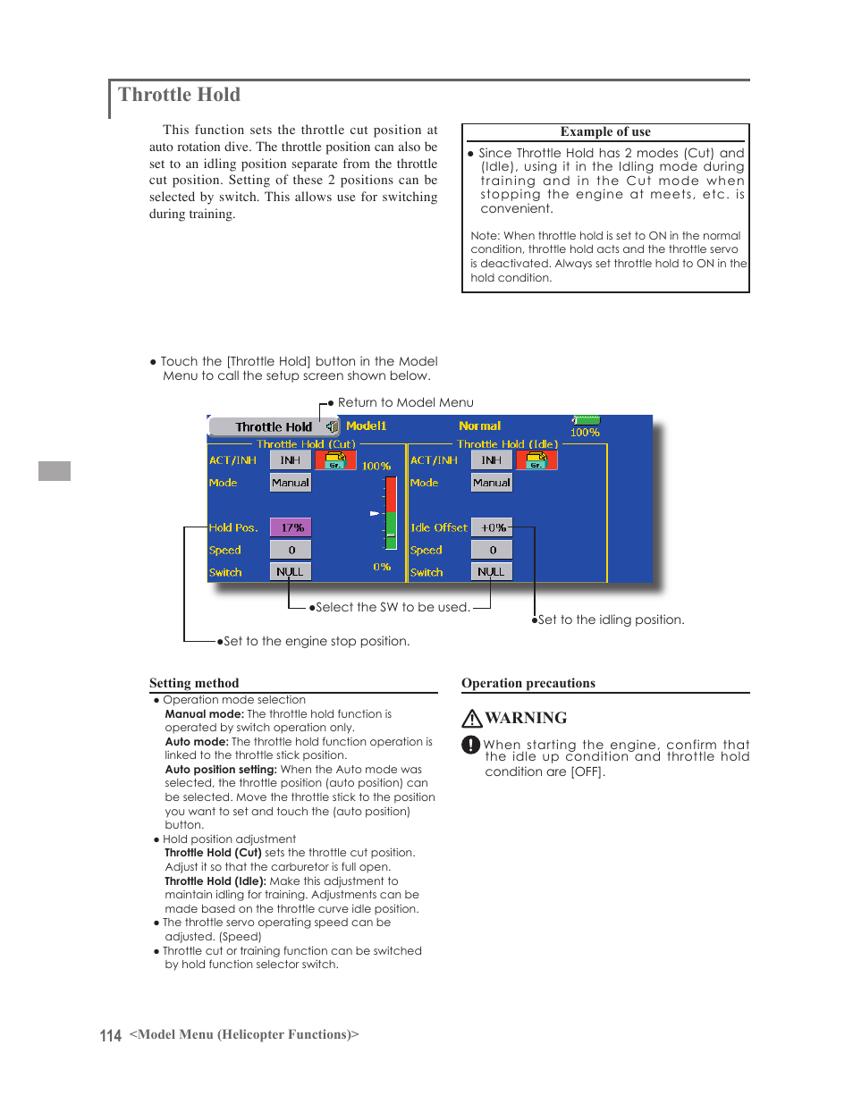 Throttle hold, Warning | Futaba 14MZ User Manual | Page 114 / 127