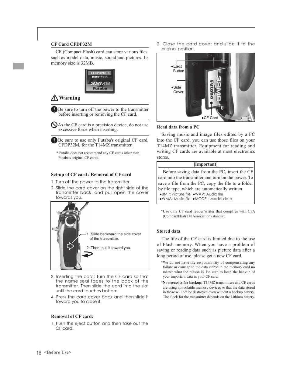 Warning | Futaba 14MZ User Manual | Page 18 / 127