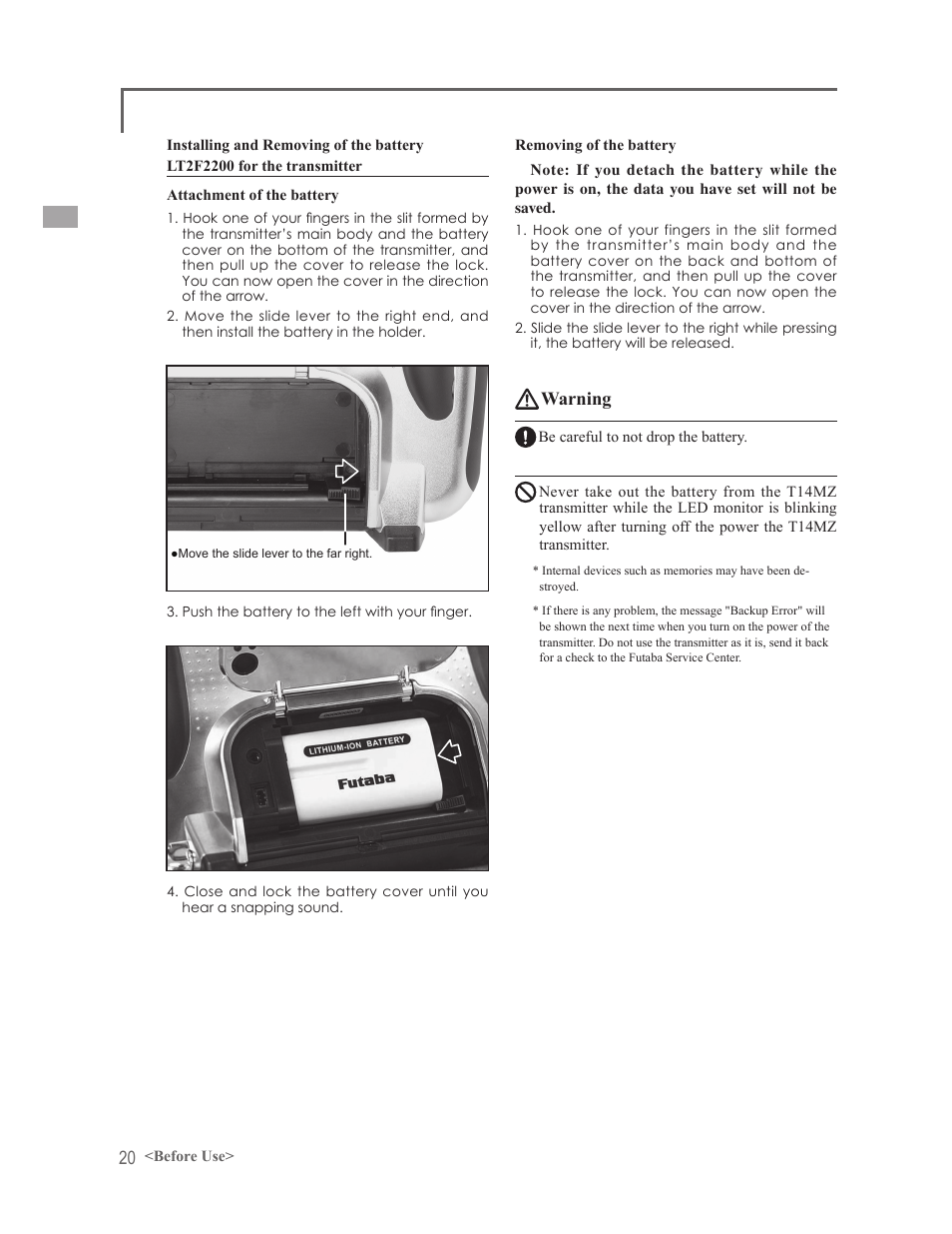 Warning | Futaba 14MZ User Manual | Page 20 / 127