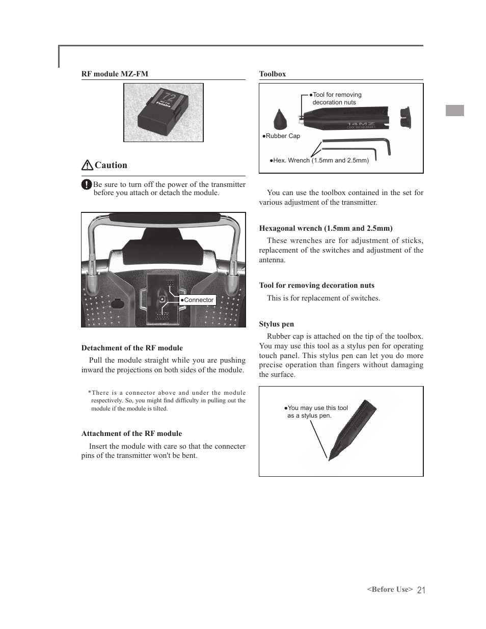 Caution | Futaba 14MZ User Manual | Page 21 / 127