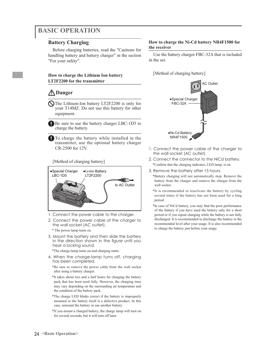 Basic operation, Battery charging, Danger | Futaba 14MZ User Manual | Page 24 / 127