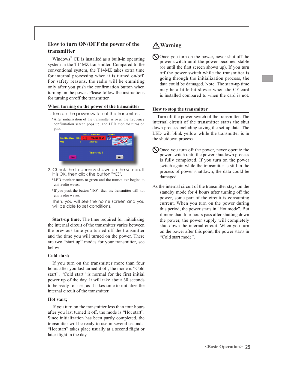 How to turn on/off the power of the transmitter, Warning | Futaba 14MZ User Manual | Page 25 / 127