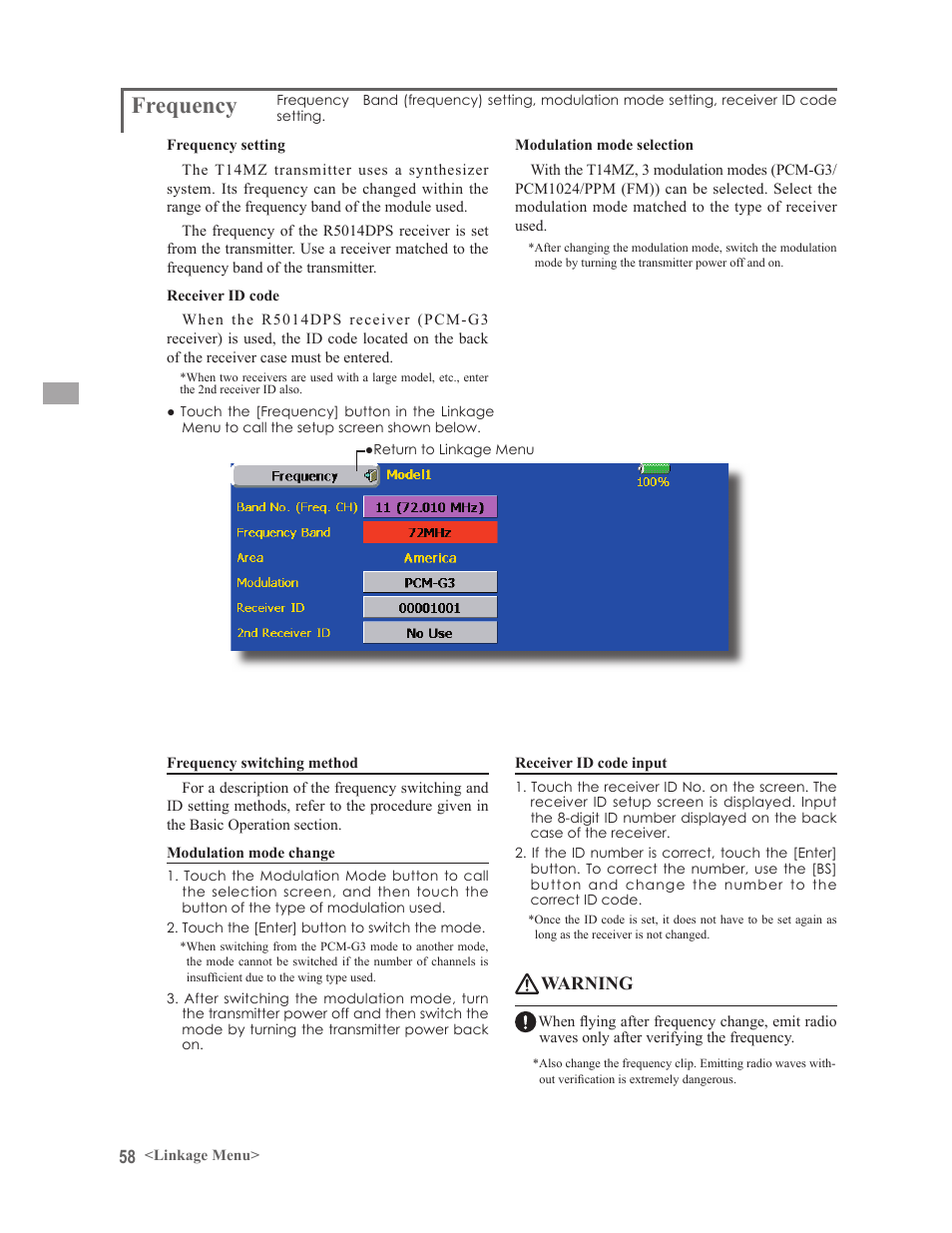 Frequency, Warning | Futaba 14MZ User Manual | Page 58 / 127