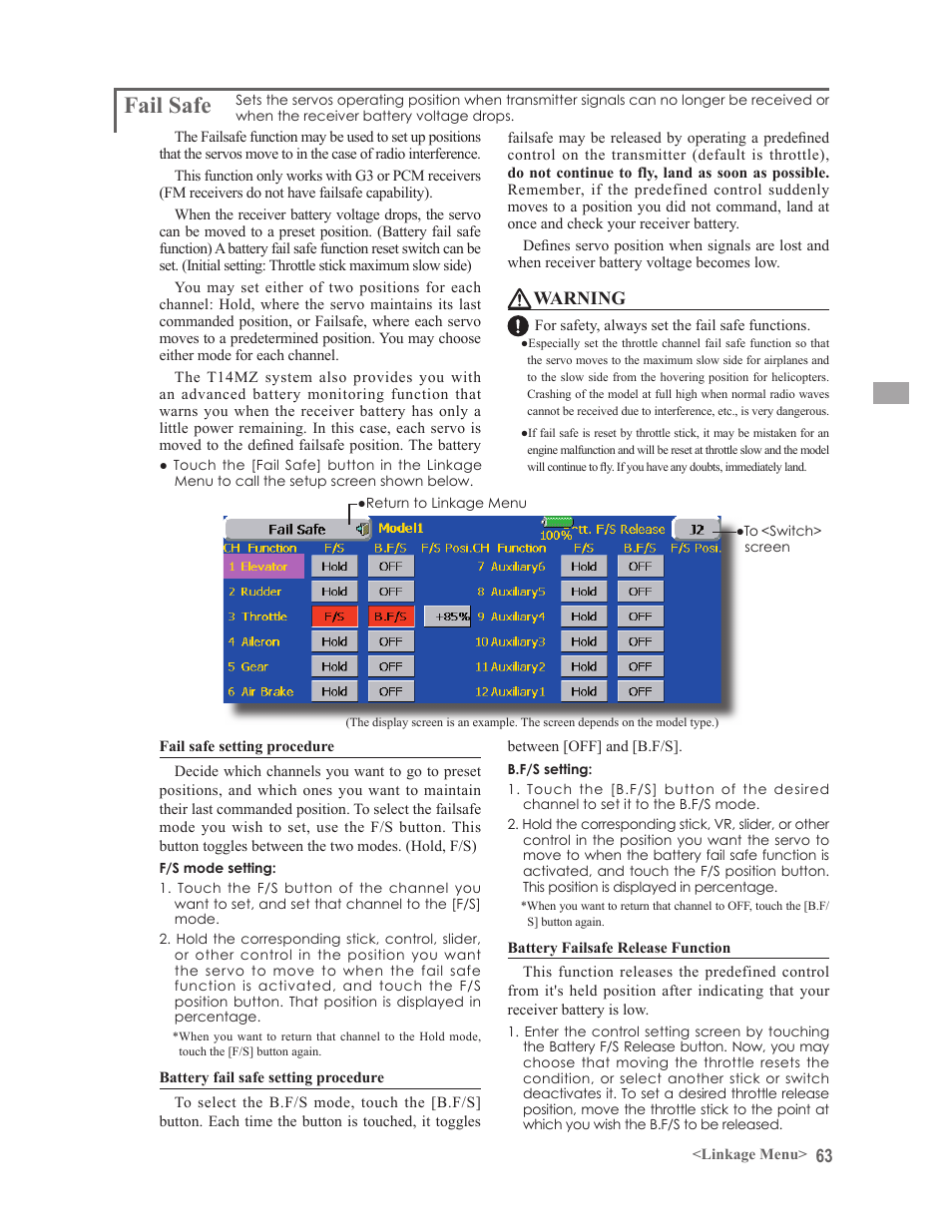 Fail safe, Warning | Futaba 14MZ User Manual | Page 63 / 127