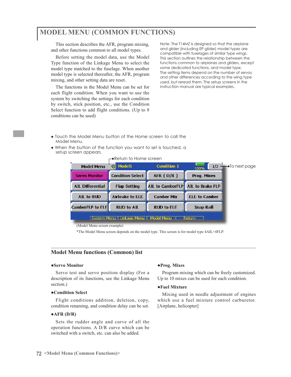 Model menu (common functions) | Futaba 14MZ User Manual | Page 72 / 127