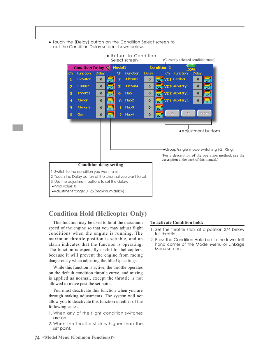 Condition hold (helicopter only) | Futaba 14MZ User Manual | Page 74 / 127