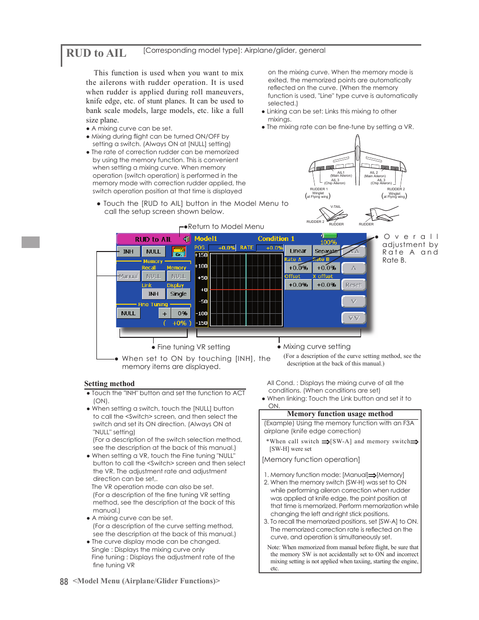 Rud to ail, Setting method, Model menu (airplane/glider functions) | Futaba 14MZ User Manual | Page 88 / 127