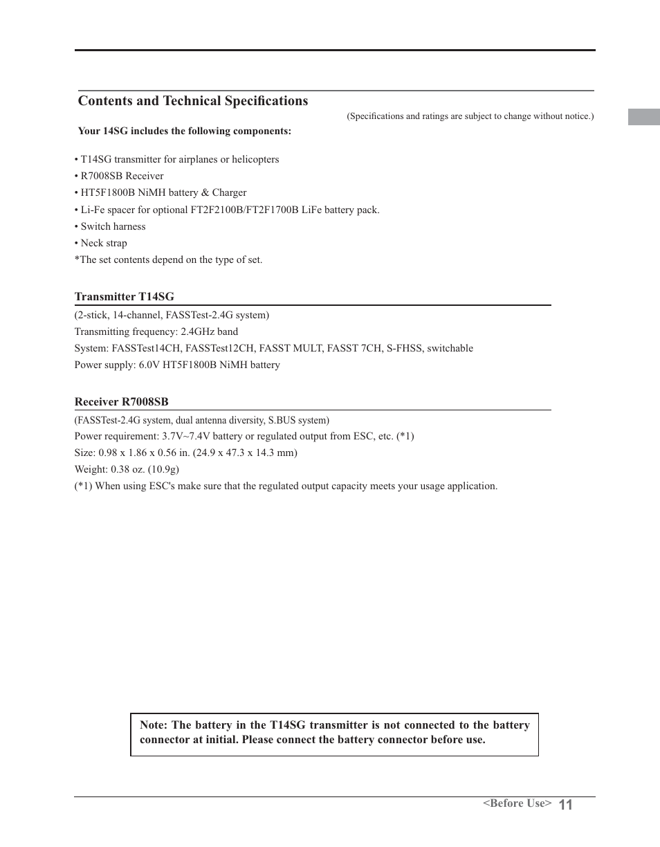 Rqwhqwv dqg 7hfkqlfdo 6shfl¿fdwlrqv | Futaba 14SG 2.4GHz User Manual | Page 12 / 169