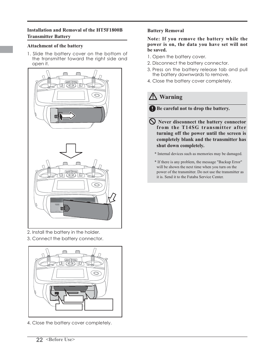 Warning | Futaba 14SG 2.4GHz User Manual | Page 23 / 169