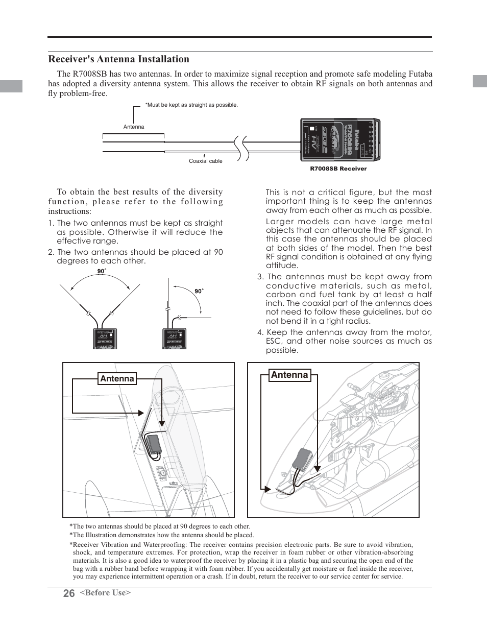 Receiver's antenna installation | Futaba 14SG 2.4GHz User Manual | Page 27 / 169