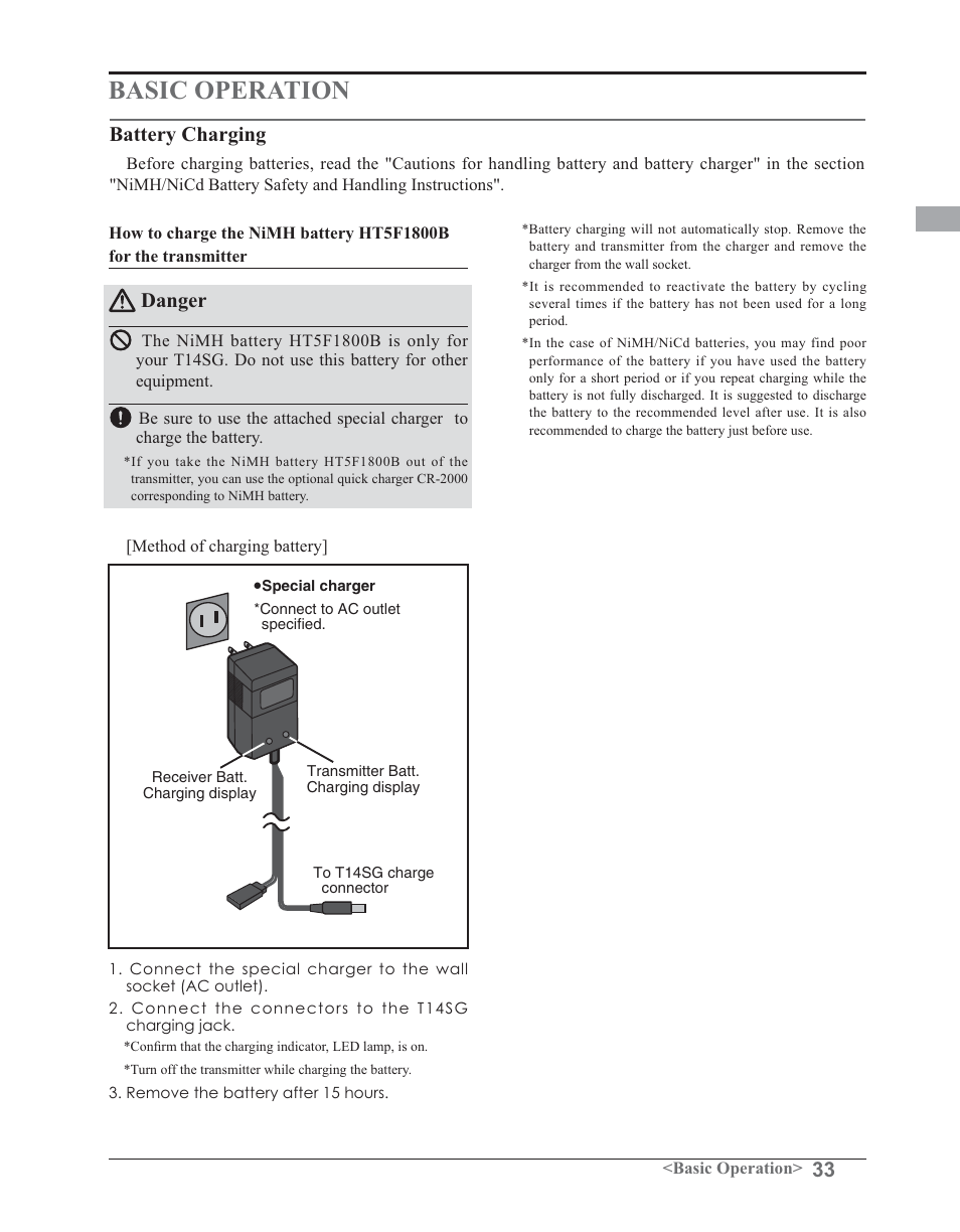 Basic operation, Danger, Battery charging | Futaba 14SG 2.4GHz User Manual | Page 34 / 169