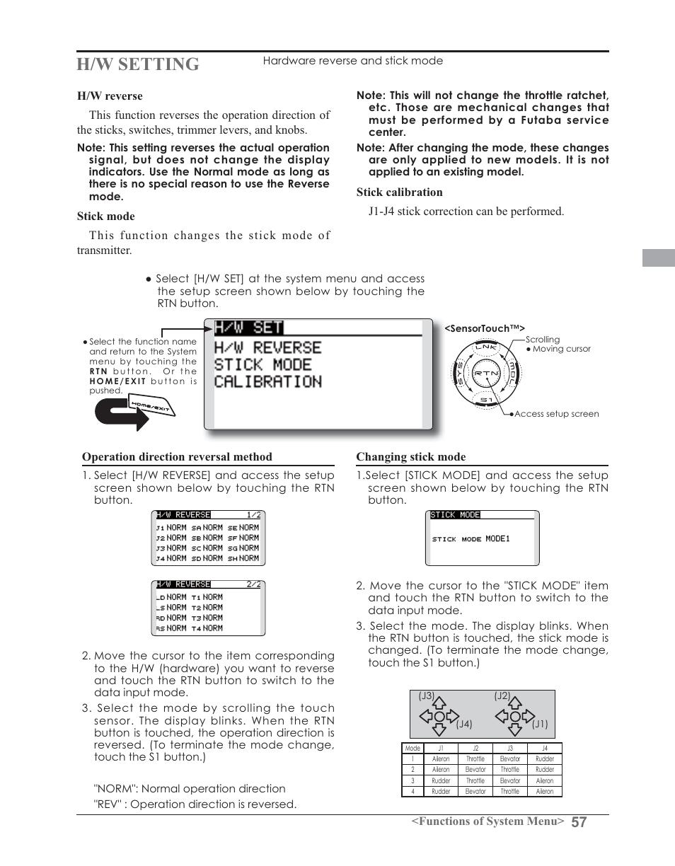 H/w setting, Functions of system menu, Operation direction reversal method | Changing stick mode | Futaba 14SG 2.4GHz User Manual | Page 58 / 169