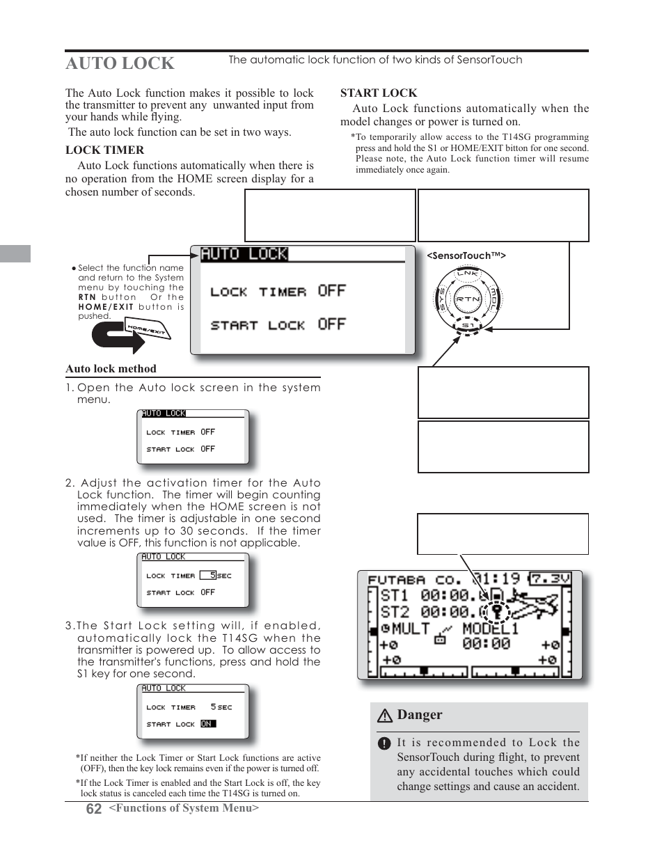 Auto lock, Danger | Futaba 14SG 2.4GHz User Manual | Page 63 / 169