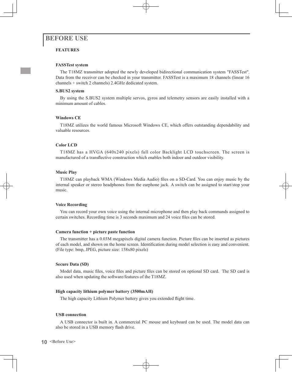 Before use | Futaba 18MZ 2.4GHz User Manual | Page 10 / 164