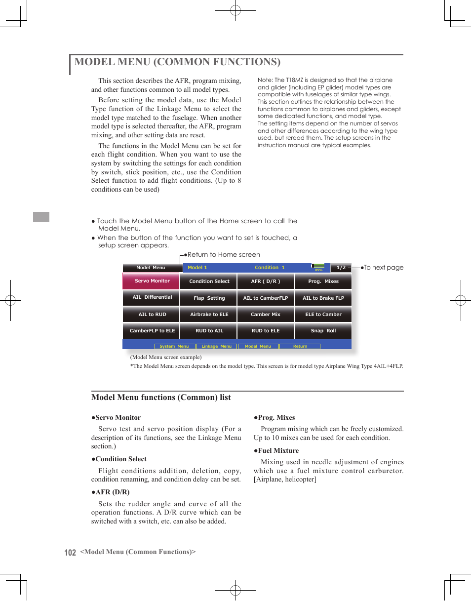 Model menu (common functions), Model menu functions (common) list | Futaba 18MZ 2.4GHz User Manual | Page 102 / 164