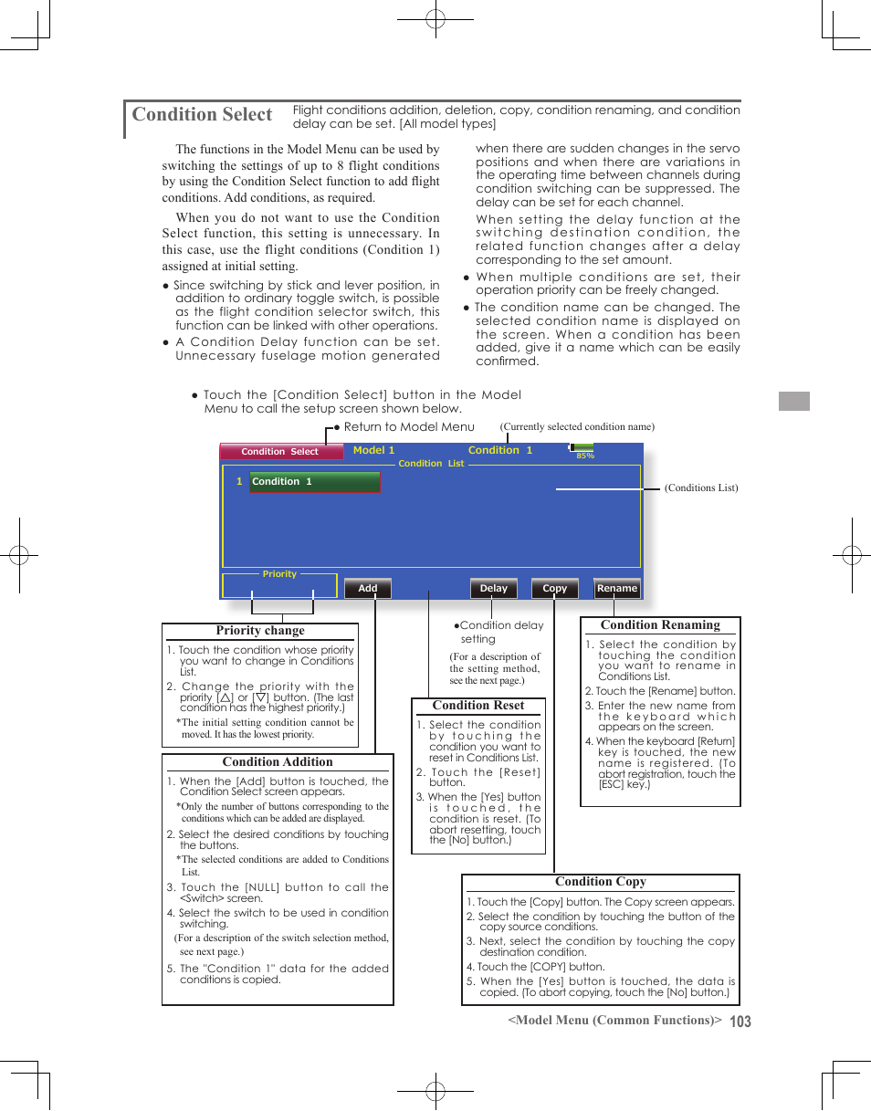 Condition select | Futaba 18MZ 2.4GHz User Manual | Page 103 / 164
