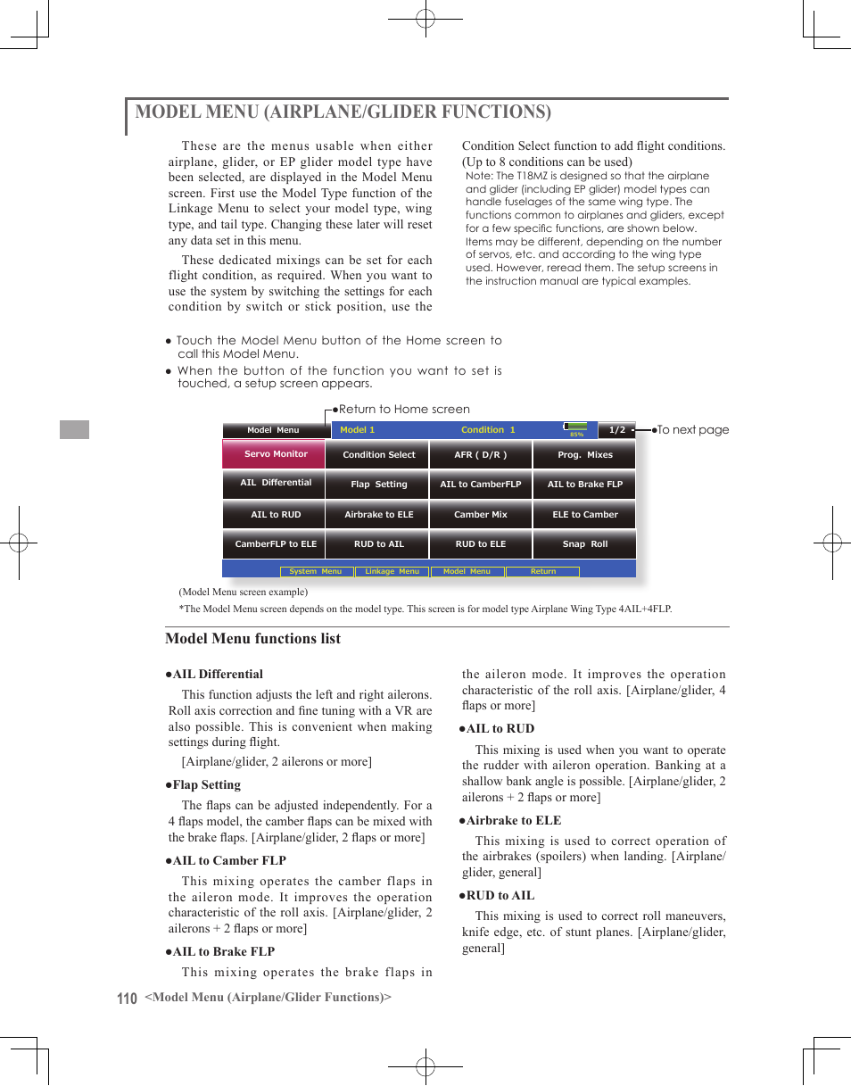 Model menu (airplane/glider functions), Model menu functions list | Futaba 18MZ 2.4GHz User Manual | Page 110 / 164