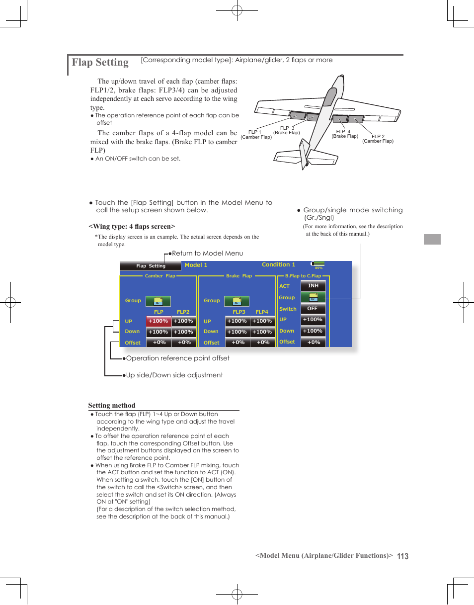 Flap setting, Model menu (airplane/glider functions), Wing type: 4 flaps screen | Setting method | Futaba 18MZ 2.4GHz User Manual | Page 113 / 164