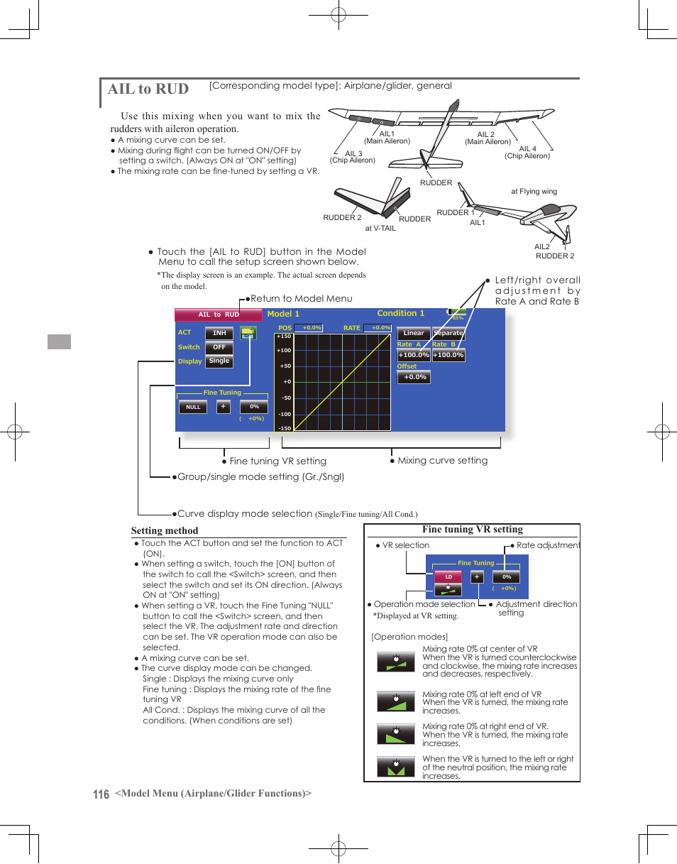 Ail to rud, Model menu (airplane/glider functions), Setting method | Fine tuning vr setting | Futaba 18MZ 2.4GHz User Manual | Page 116 / 164