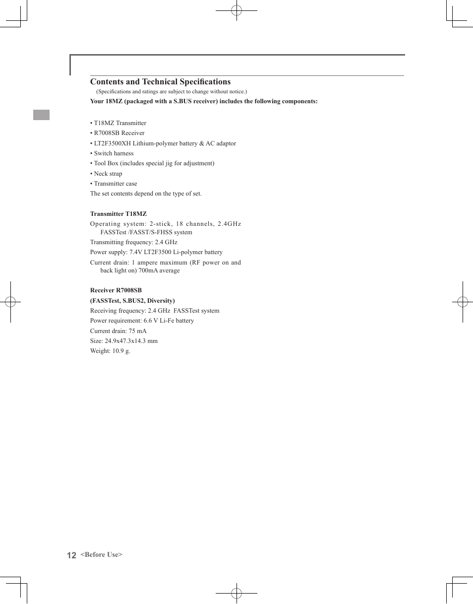 Futaba 18MZ 2.4GHz User Manual | Page 12 / 164
