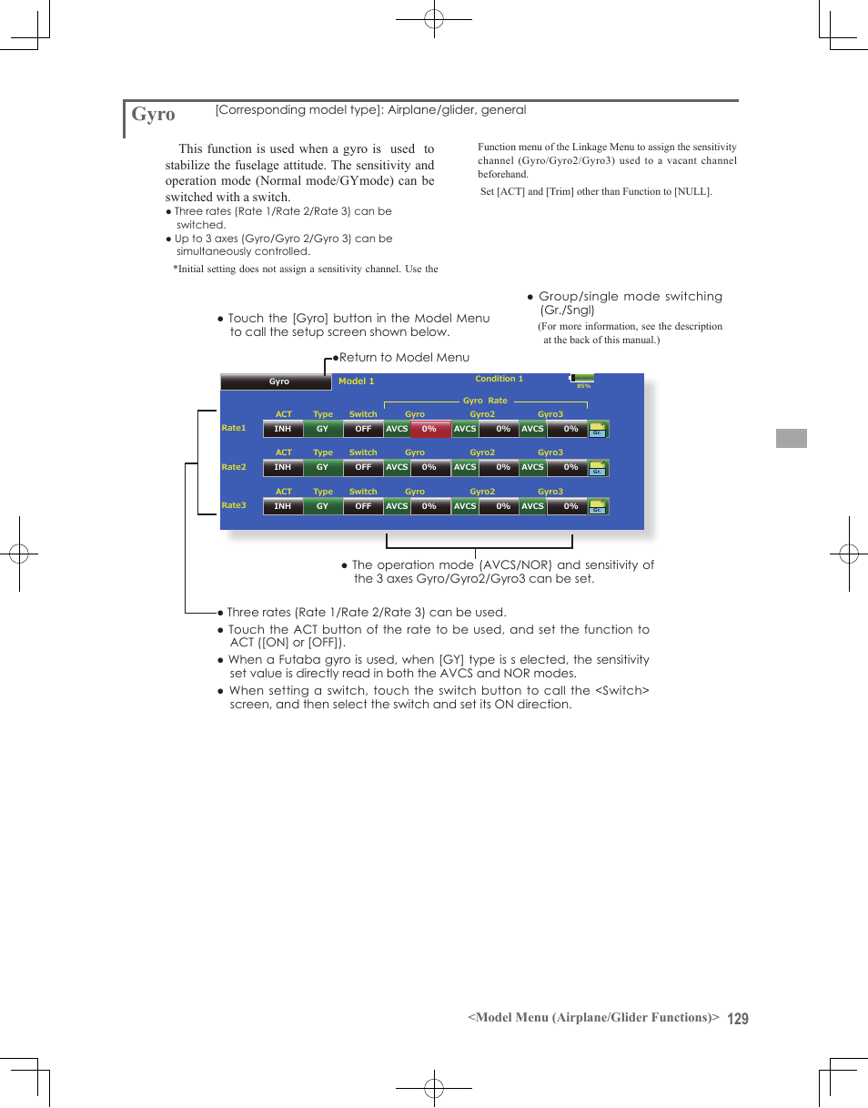 Gyro, Model menu (airplane/glider functions) | Futaba 18MZ 2.4GHz User Manual | Page 129 / 164