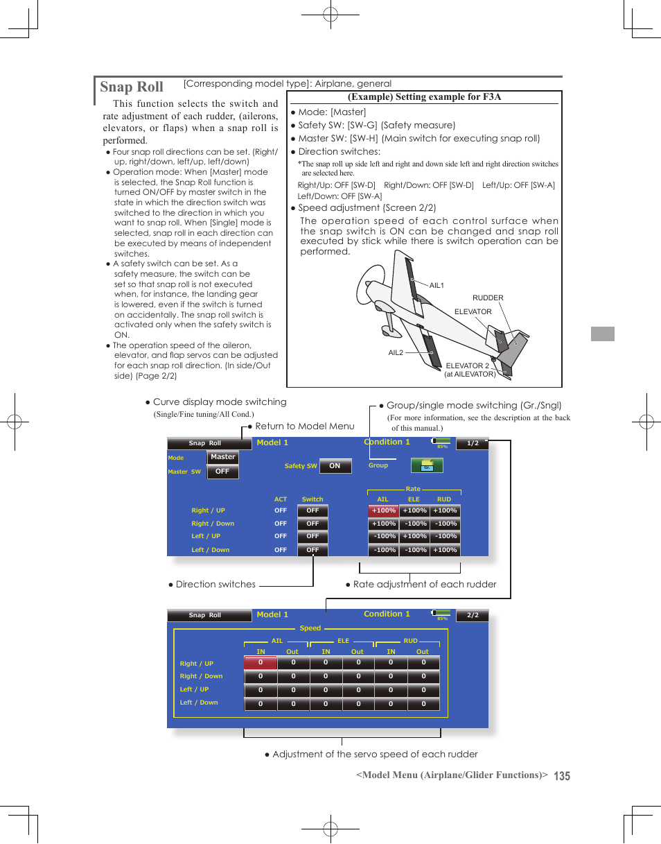 Snap roll, Model menu (airplane/glider functions), Example) setting example for f3a | Futaba 18MZ 2.4GHz User Manual | Page 135 / 164