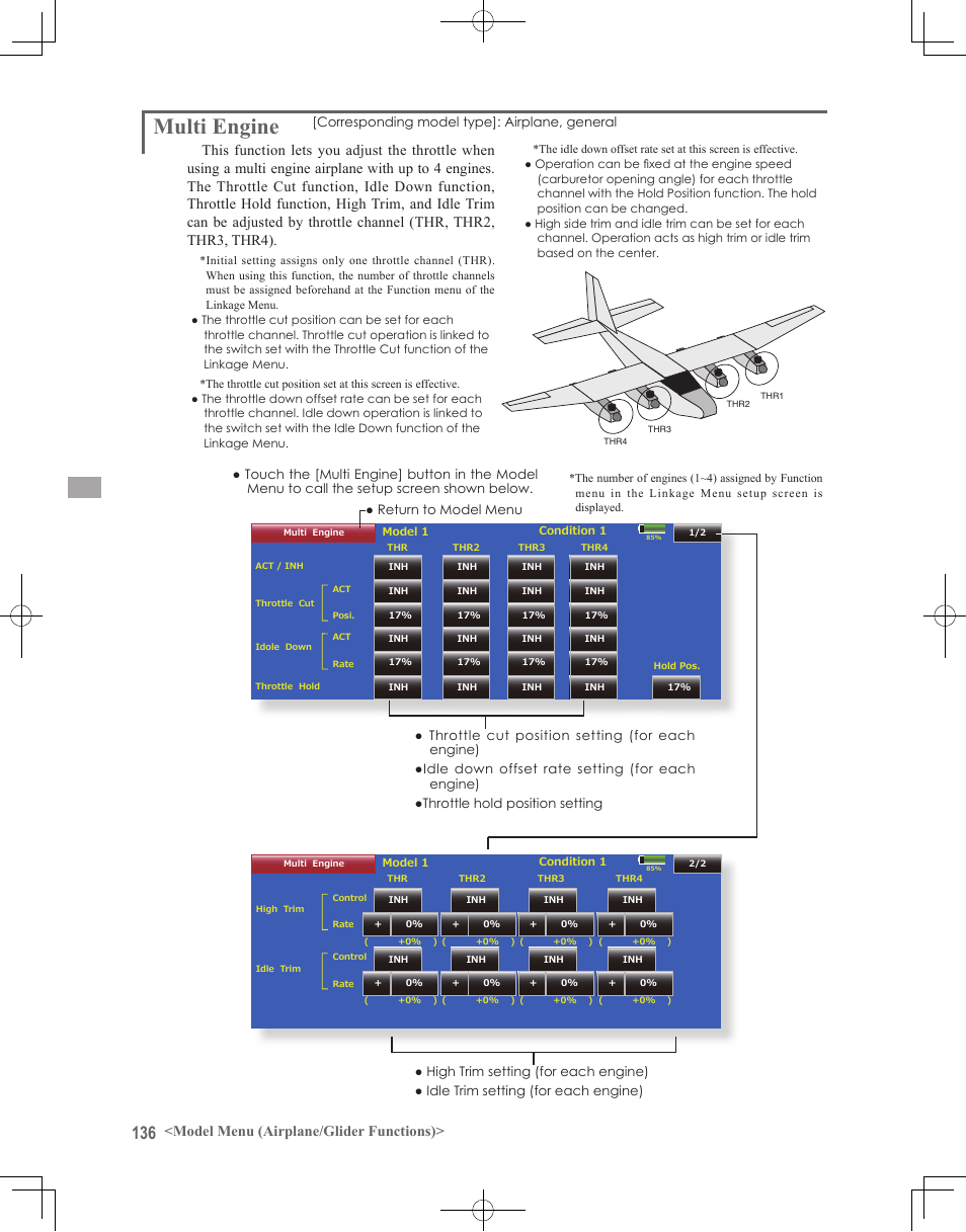 Multi engine, Model menu (airplane/glider functions) | Futaba 18MZ 2.4GHz User Manual | Page 136 / 164