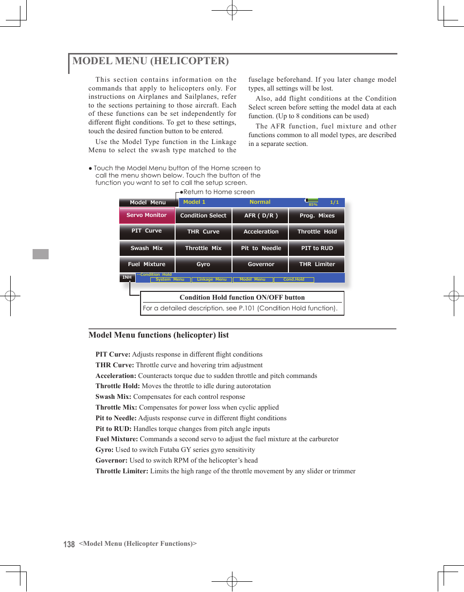 Model menu (helicopter), Model menu functions (helicopter) list | Futaba 18MZ 2.4GHz User Manual | Page 138 / 164
