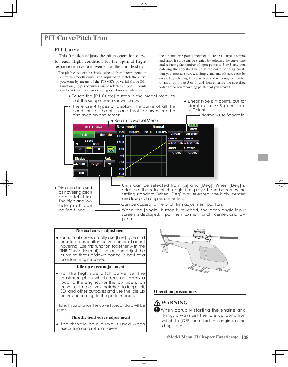 Pit curve/pitch trim, Pit curve, Warning | Futaba 18MZ 2.4GHz User Manual | Page 139 / 164