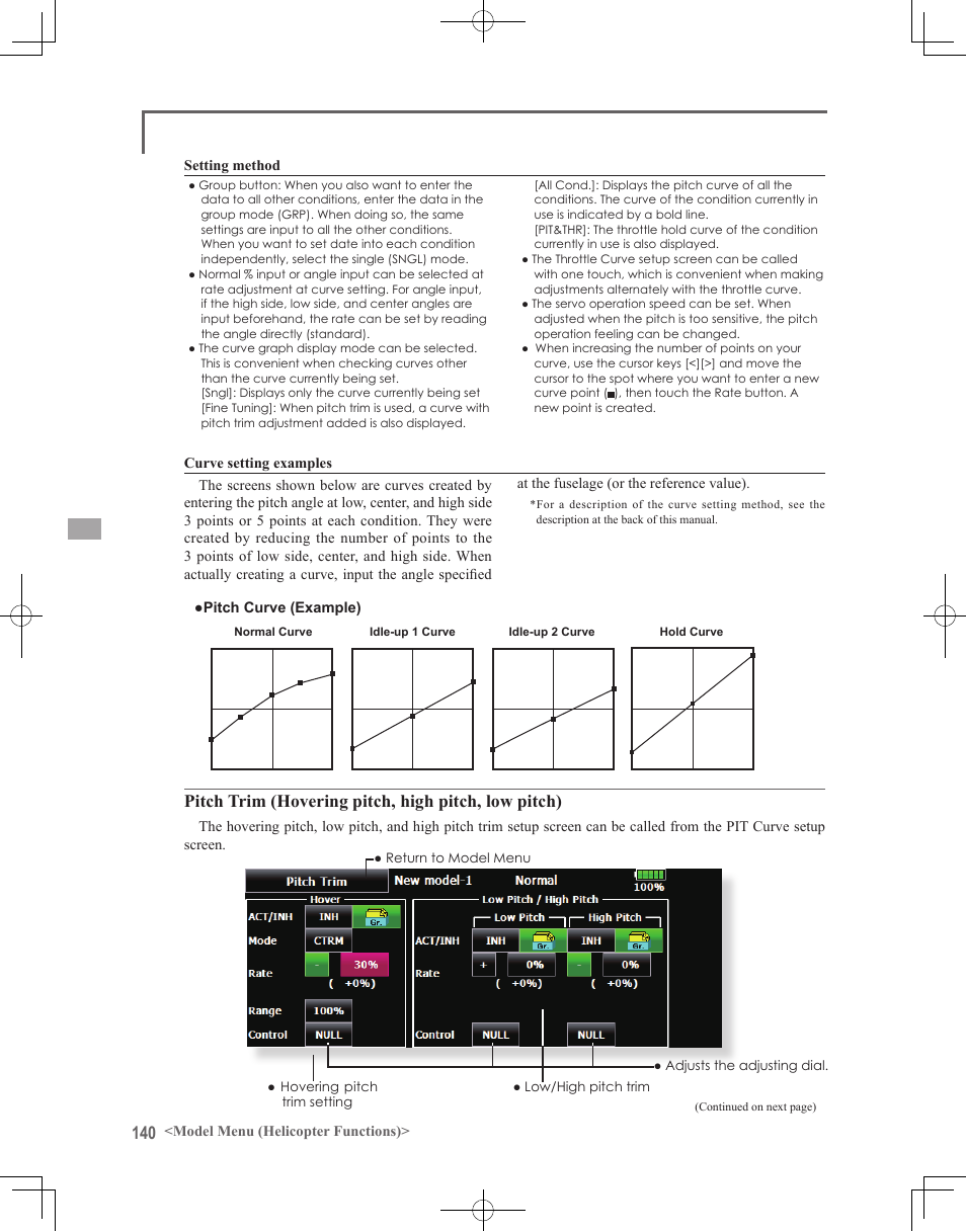 Pitch trim (hovering pitch, high pitch, low pitch) | Futaba 18MZ 2.4GHz User Manual | Page 140 / 164