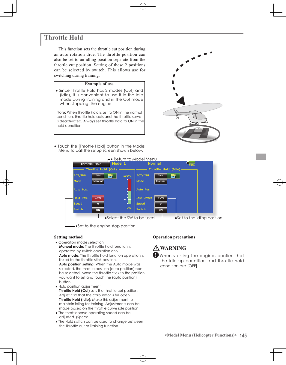 Throttle hold, Warning | Futaba 18MZ 2.4GHz User Manual | Page 145 / 164