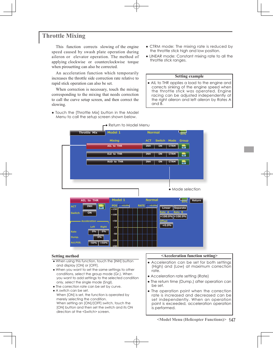 Throttle mixing, Model menu (helicopter functions), Setting method | Acceleration function setting | Futaba 18MZ 2.4GHz User Manual | Page 147 / 164