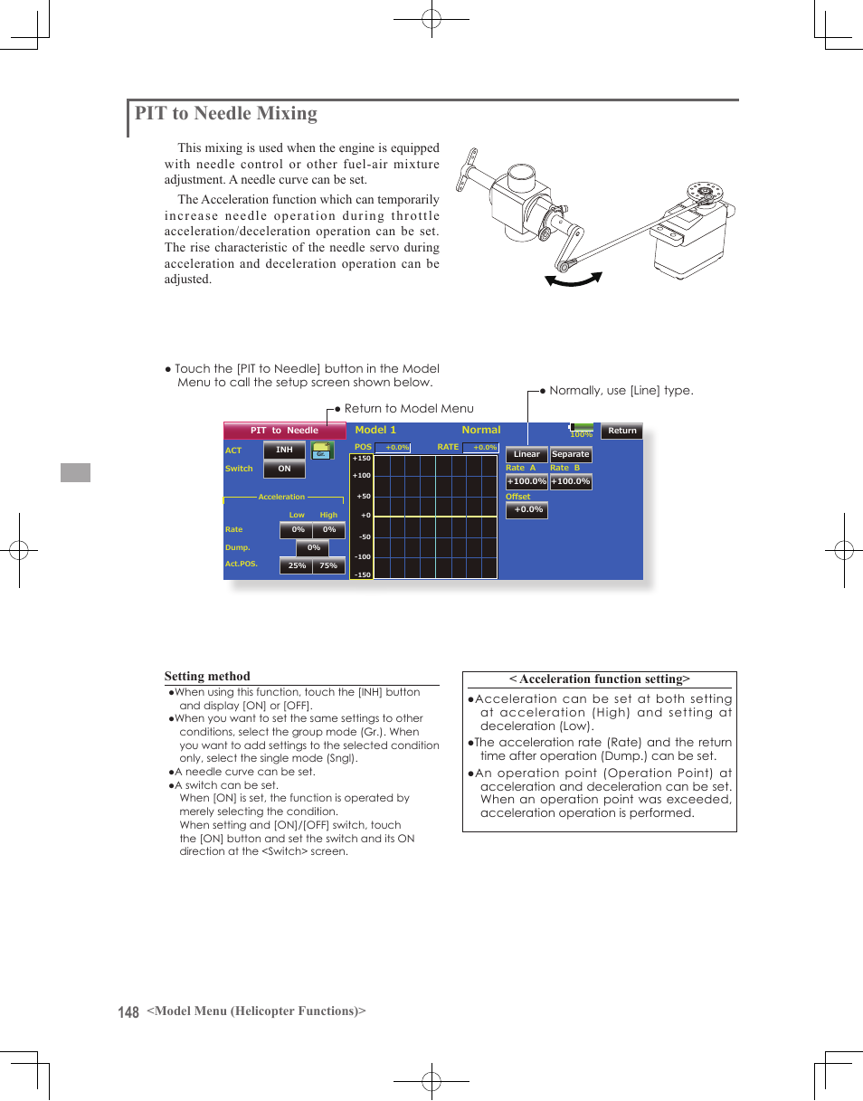 Pit to needle mixing, Model menu (helicopter functions), Setting method | Acceleration function setting | Futaba 18MZ 2.4GHz User Manual | Page 148 / 164
